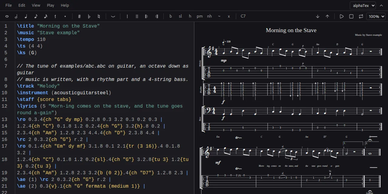 Editor Stave dentro do Standard Notes no tema escuro, com o código alphaTex de uma música à esquerda e, à direita, partitura e tablatura de melodia, guitarra base e baixo