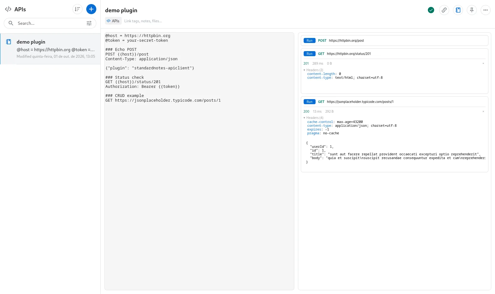 Editor API Client dentro do Standard Notes, com requisições em sintaxe .http à esquerda e, à direita, a resposta de cada bloco com status, tempo, tamanho e corpo