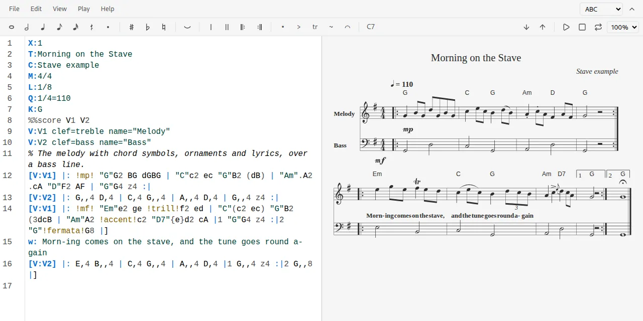 Stave editor inside Standard Notes, with the ABC source of a tune on the left and, on the right, the rendered score with melody, bass, chord symbols and lyrics