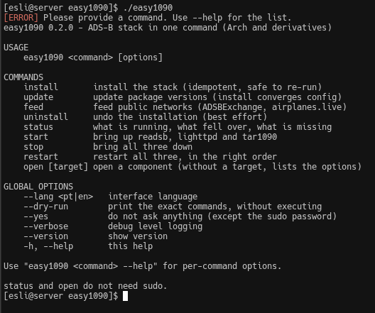 Output of easy1090 with no command, showing an error and the full usage with the nine available subcommands and the global options