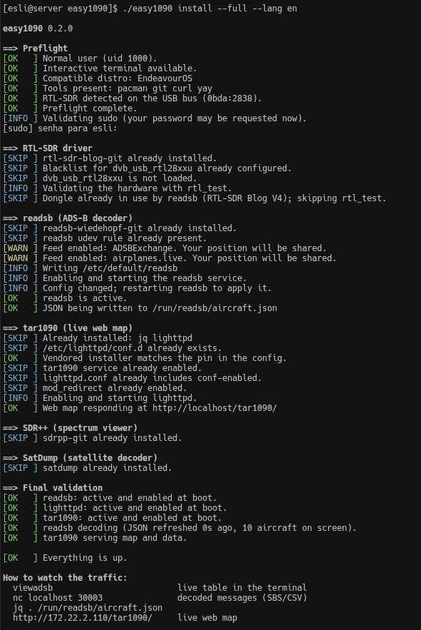 Full output of easy1090 install --full, from preflight to final validation, ending with all three services active and enabled and 10 aircraft being decoded