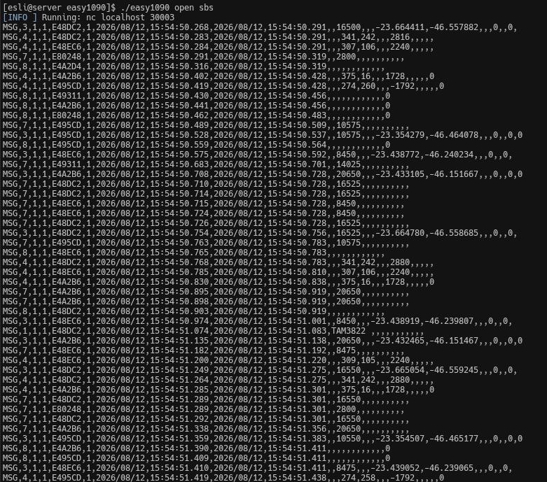 Raw SBS message stream, one decoded ADS-B message per line in CSV format with ICAO addresses, timestamps, altitudes and coordinates