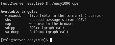 Output of easy1090 open listing the available targets: viewadsb, sbs, map, sdrpp and satdump