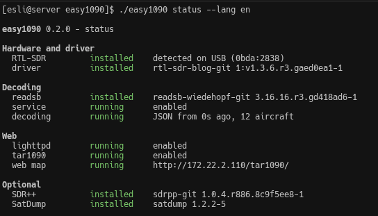 Output of easy1090 status listing hardware and driver, decoding with 12 aircraft, the web services and the optional components, each with state and version