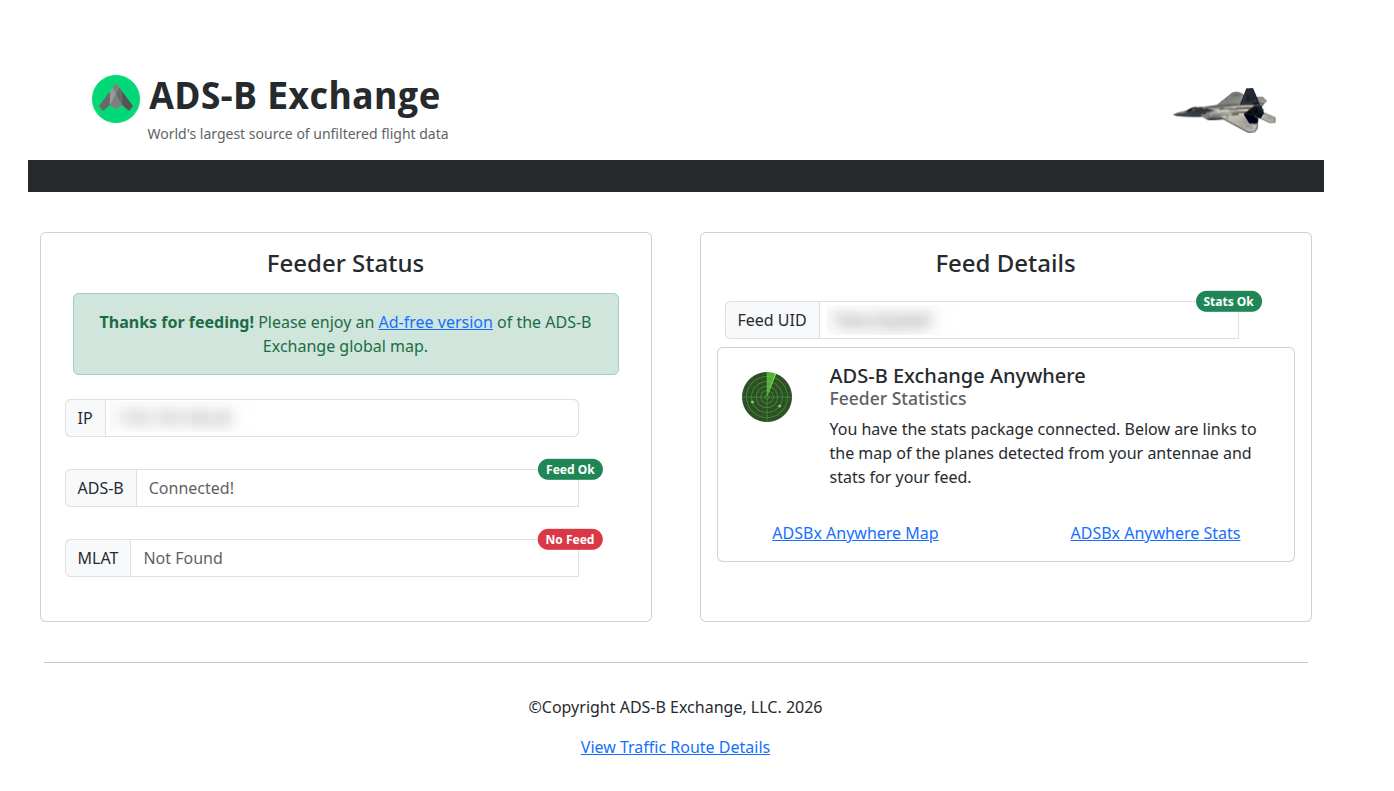 Página myip do ADSBExchange mostrando Feeder Status com ADS-B conectado, estatísticas ok e MLAT sem feed, com IP e Feed UID borrados