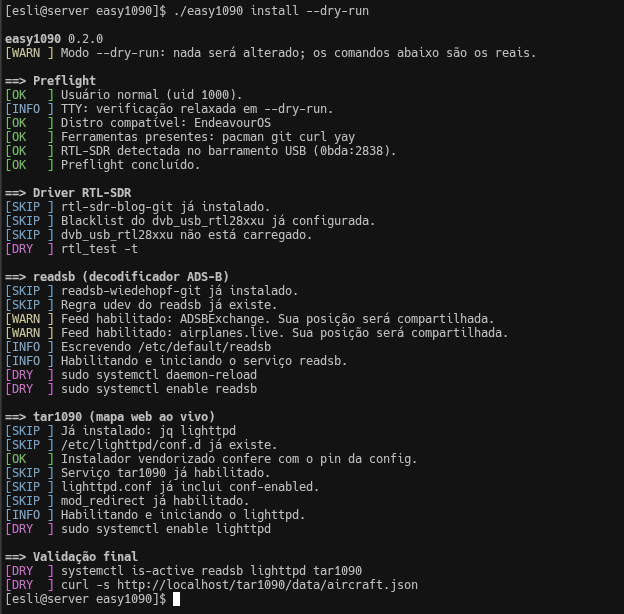 Saída do comando easy1090 install --dry-run, com o preflight aprovado, várias linhas SKIP indicando o que já está instalado, e as linhas DRY mostrando os comandos exatos que seriam executados