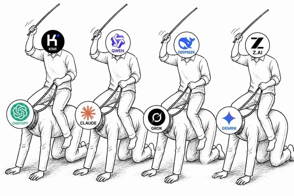 Ilustração em preto e branco de uma corrida em que quatro pessoas ajoelhadas, com as logos de ChatGPT, Claude, Grok e Gemini na cabeça, fazem o papel de cavalos, cada uma montada por um jockey com a logo de Kimi, Qwen, DeepSeek ou Z.AI, chicote em riste