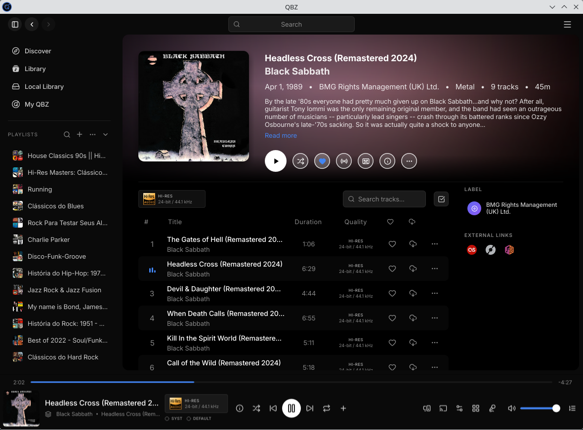 The Headless Cross album page by Black Sabbath in QBZ, with the Quality column reading HI-RES 24-bit 44.1 kHz on every track and the footer showing the SYST and DEFAULT backends