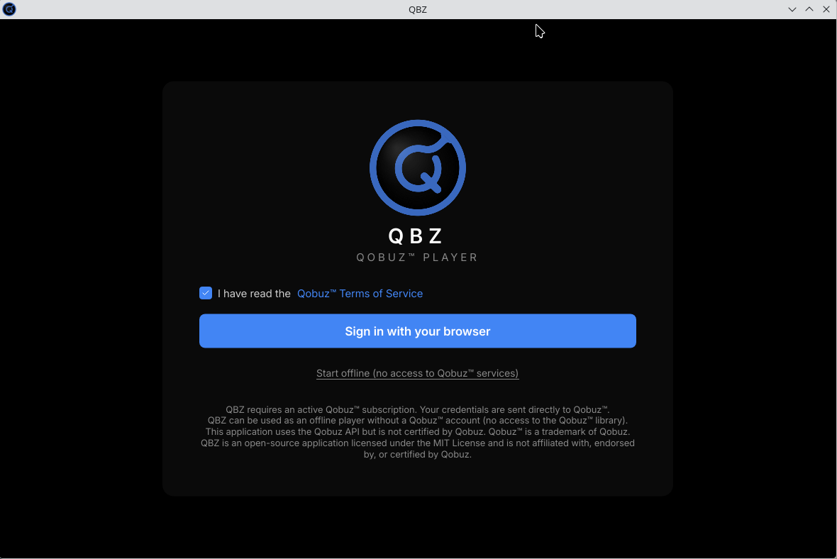 QBZ start screen with the player logo, the Qobuz terms of service acceptance checked, the Sign in with your browser button and the link to start in offline mode