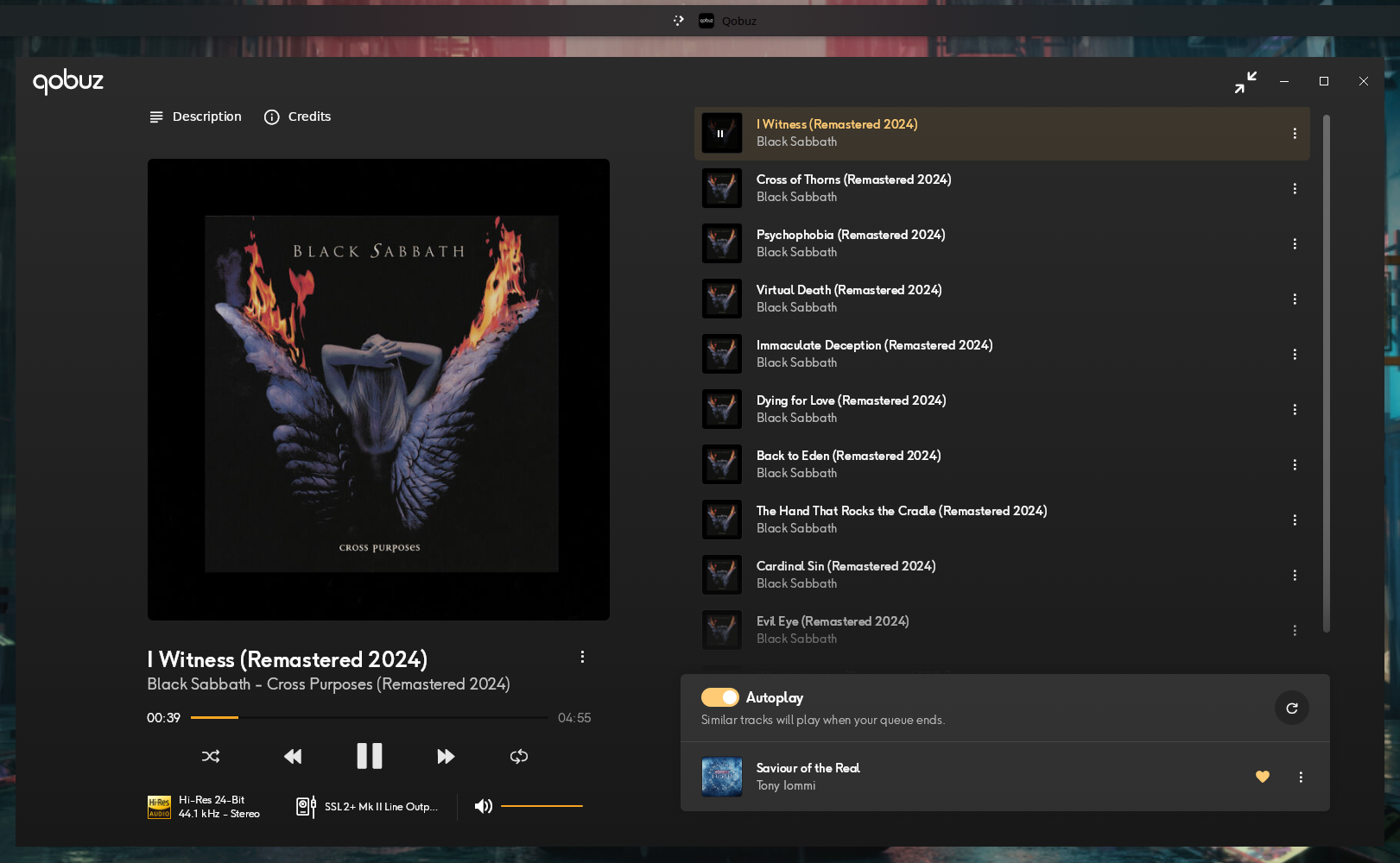 Expanded player mode of the Qobuz app under CrossOver, with the Cross Purposes cover by Black Sabbath, the track I Witness playing, the album queue on the right, the Autoplay toggle and a Hi-Res 24-Bit 44.1 kHz Stereo indicator above the SSL 2+ Mk II output
