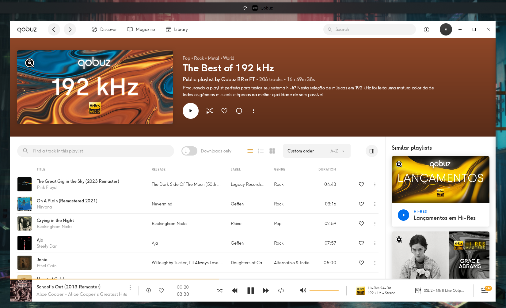 The official Qobuz Windows app running under CrossOver on Fedora with KDE, showing The Best of 192 kHz playlist with 206 tracks. The footer shows School's Out by Alice Cooper with a Hi-Res 24-Bit 192 kHz Stereo badge and the SSL 2+ Mk II Line Output device