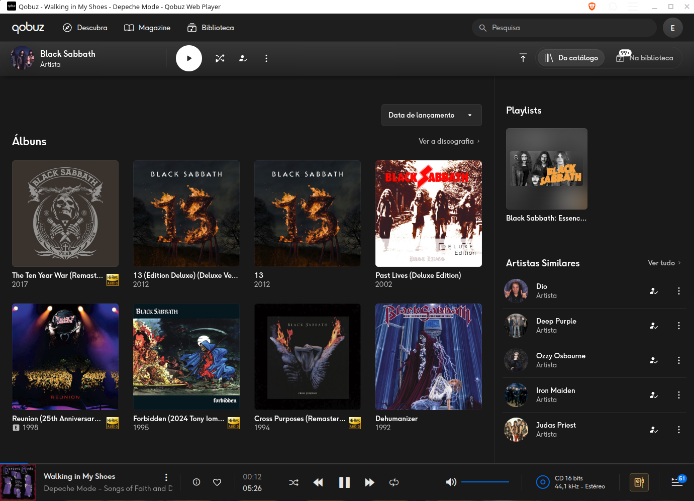 Qobuz web player installed as a PWA in Brave, showing the Black Sabbath artist page with the album grid, playlists and similar artists. The footer shows Walking in My Shoes by Depeche Mode playing, with a CD 16-bit 44.1 kHz Stereo indicator