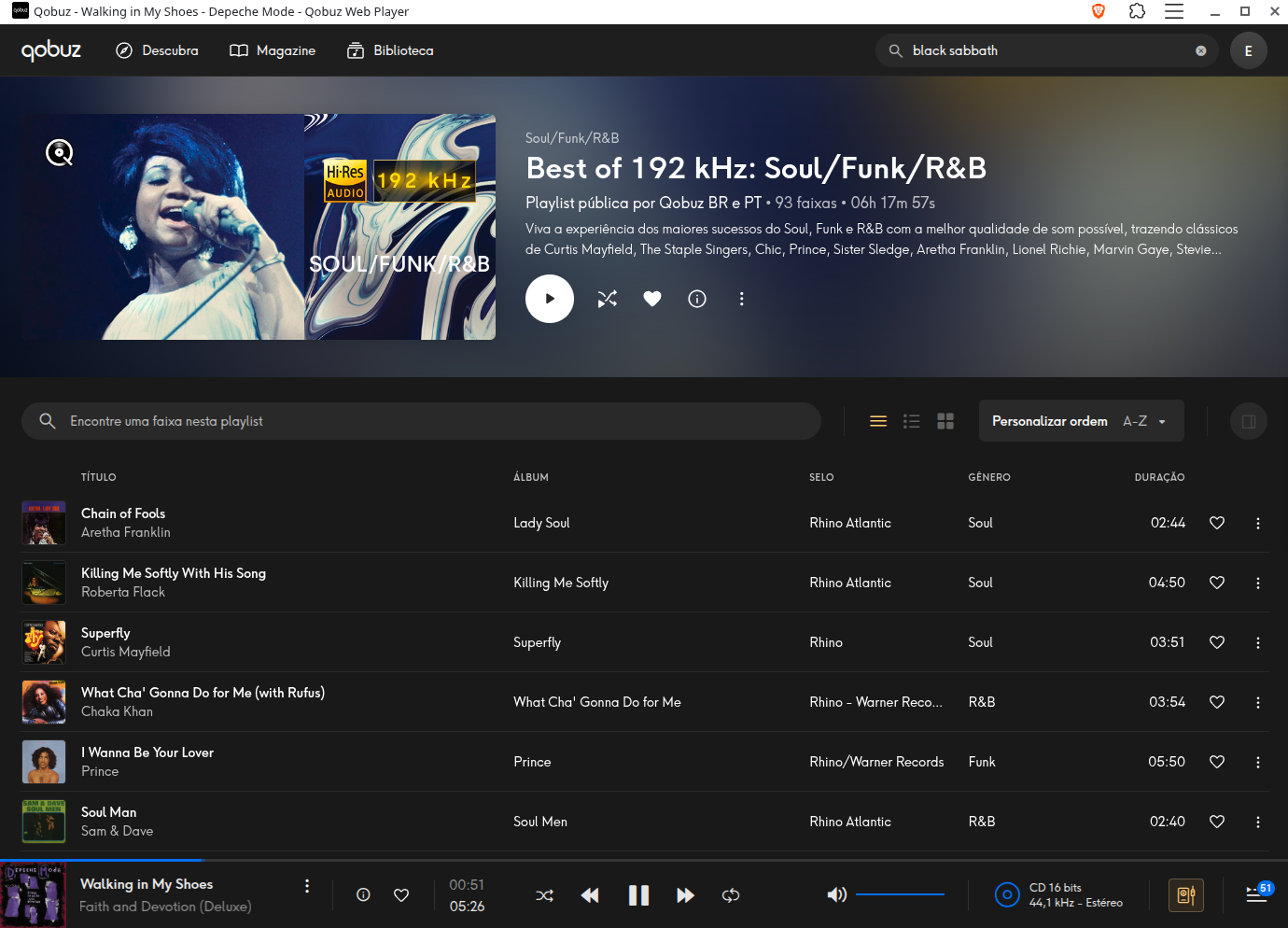 Qobuz PWA in Brave showing the Best of 192 kHz Soul/Funk/R&B playlist, 93 tracks with the Hi-Res 192 kHz badge on the cover, listing Chain of Fools, Killing Me Softly and Superfly with album, label and genre