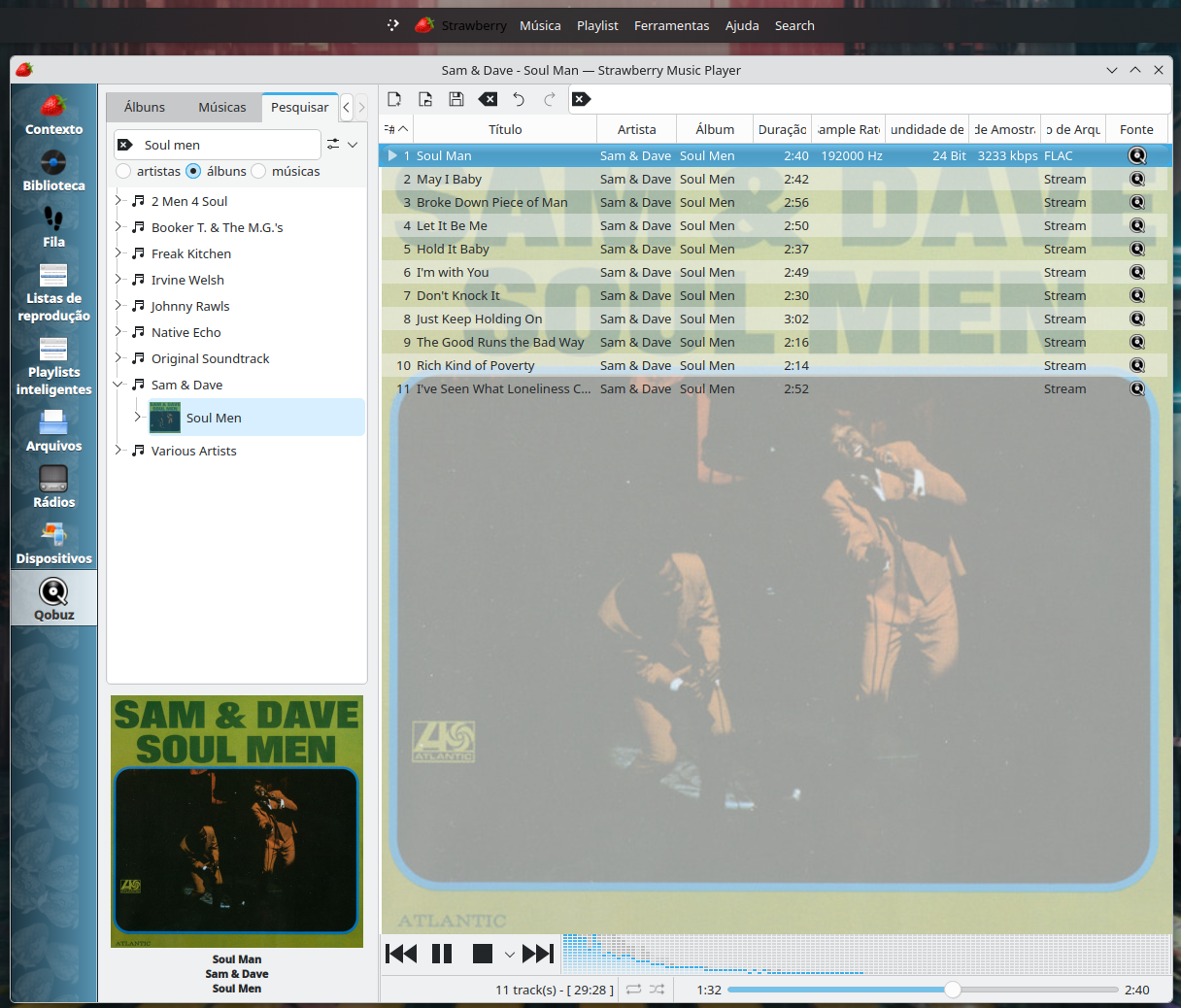 Strawberry Music Player with the Qobuz source selected in the sidebar, a search for Soul Men, the Sam & Dave album loaded in the playlist and the columns showing 192000 Hz, 24 Bit, 3233 kbps and FLAC format on the playing track
