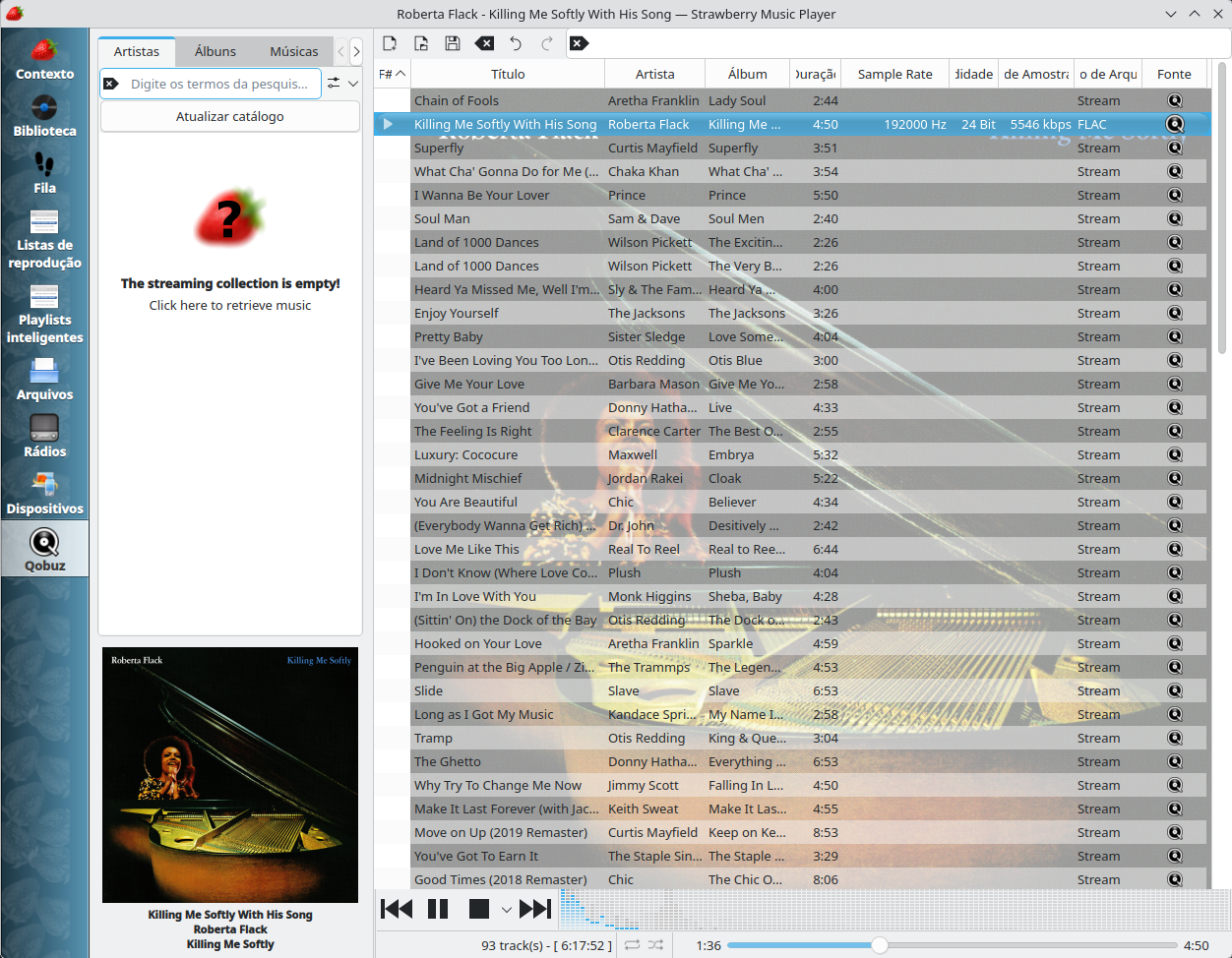 A 93-track playlist loaded in Strawberry from Qobuz, with Killing Me Softly With His Song by Roberta Flack playing at 192000 Hz and 24 Bit, and the remaining tracks listed with Stream as their source