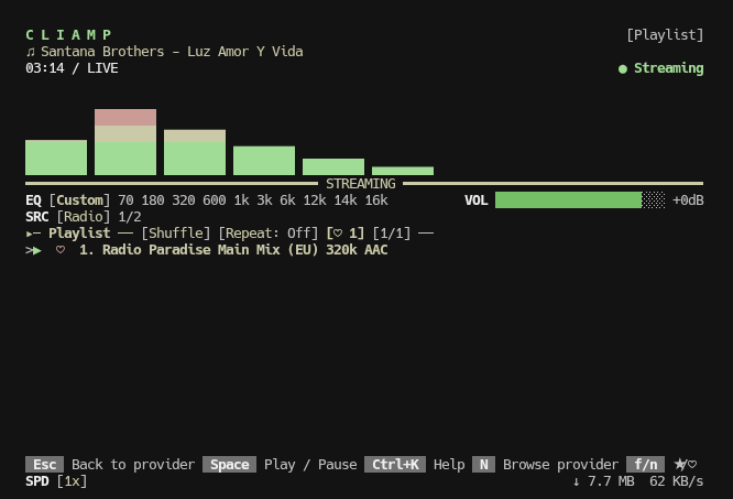 cliamp rodando no terminal com o logotipo CLIAMP no topo, a faixa Santana Brothers - Luz Amor Y Vida, o contador 03:14 / LIVE e o indicador Streaming em verde. No centro, o visualizador de espectro em barras verdes sobre a linha STREAMING, o equalizador em modo Custom com as bandas de 70 Hz a 16 kHz, o volume em +0dB e a fonte SRC em Radio. A playlist mostra a estação Radio Paradise Main Mix (EU) 320k AAC e o rodapé traz os atalhos Esc, Space, Ctrl+K e N, com o contador de download em 7,7 MB a 62 KB/s
