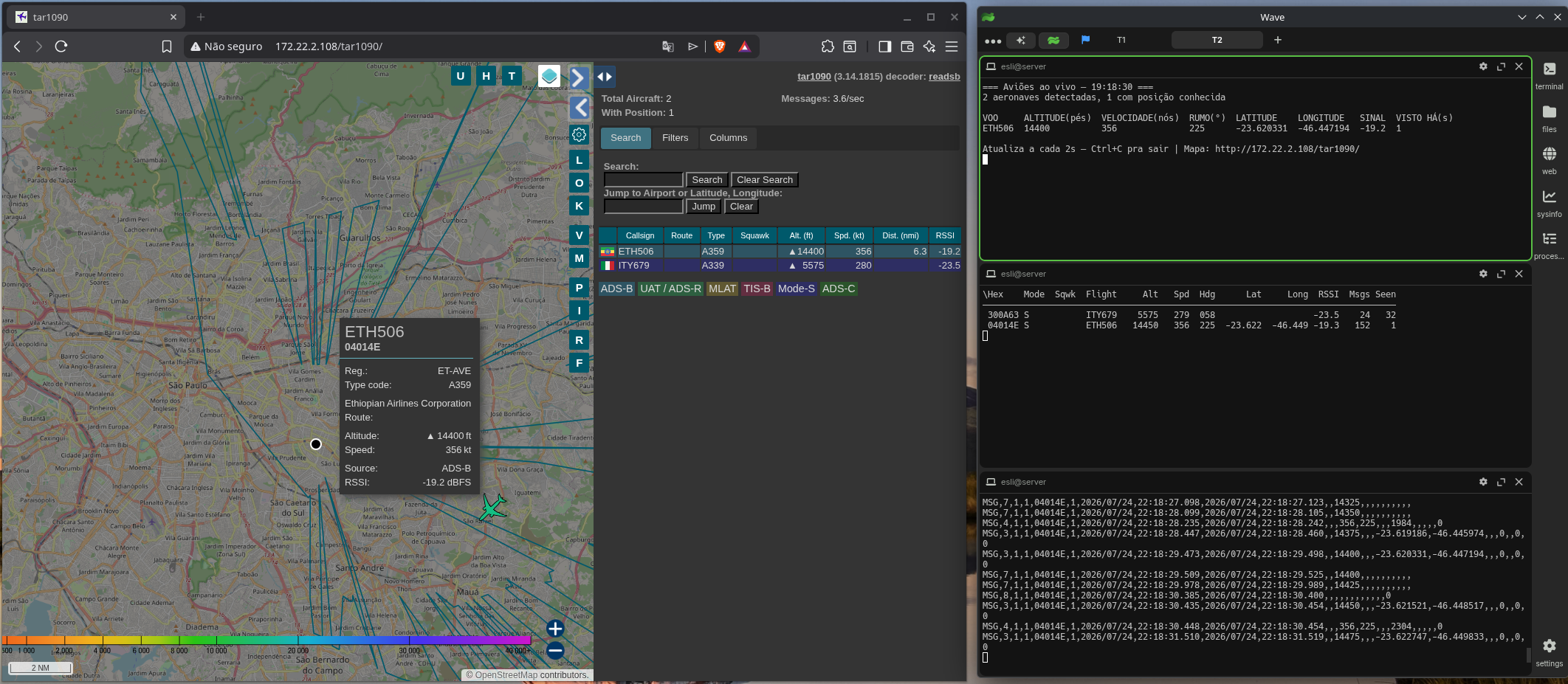 Mapa web do tar1090 no navegador ao lado de três terminais no servidor: a visão ao vivo resumida, o viewadsb e o stream SBS bruto, todos mostrando as mesmas aeronaves