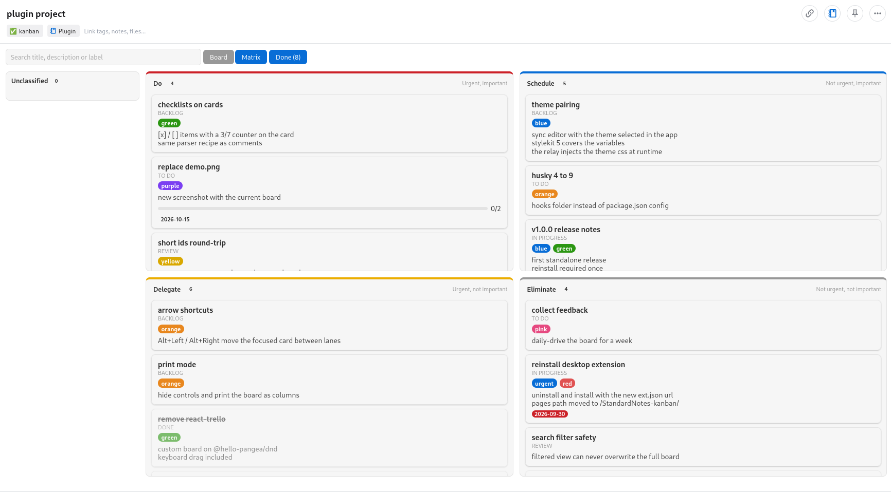 O mesmo board na visão Matrix. À esquerda, a lista Unclassified, vazia, e quatro quadrantes: Do com 4 cartões, Schedule com 5, Delegate com 6 e Eliminate com 4. Cada cartão mostra a coluna de origem e as labels, e os cartões concluídos aparecem riscados