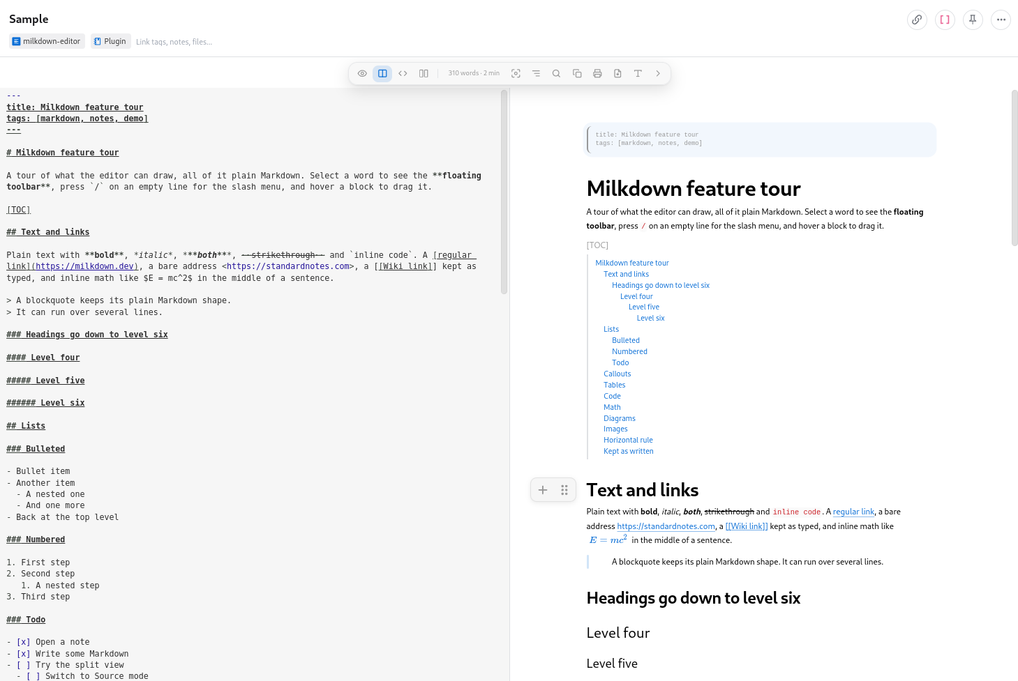 O modo Split. À esquerda, o código Markdown da nota, com o front matter, os títulos e a linha [TOC] como texto. À direita, a mesma nota desenhada pelo editor visual, com o sumário e a seção "Text and links". A barra de ícones mostra "310 words · 2 min"
