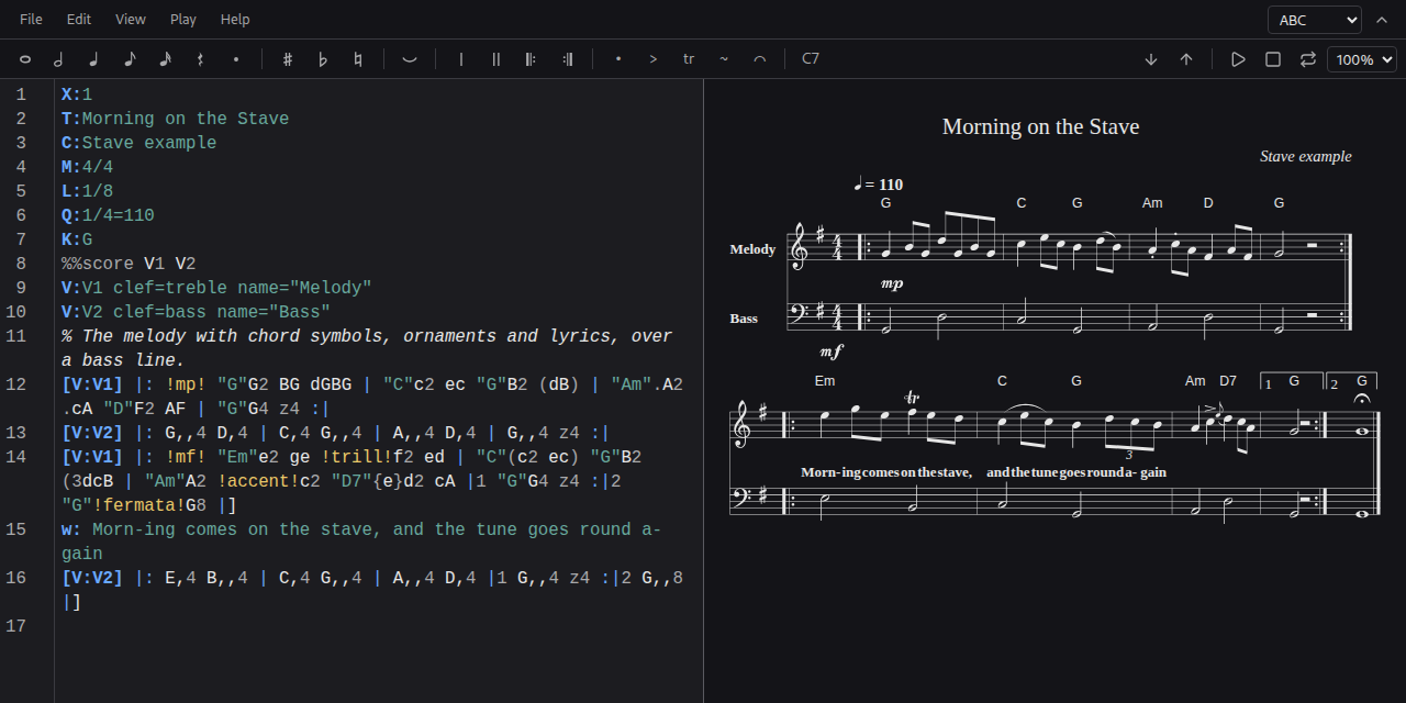 A mesma música em ABC no tema escuro. O código à esquerda tem os campos do cabeçalho, as vozes e os ornamentos realçados em cores, e a partitura à direita fica em fundo claro, com melodia, baixo, cifras e letra