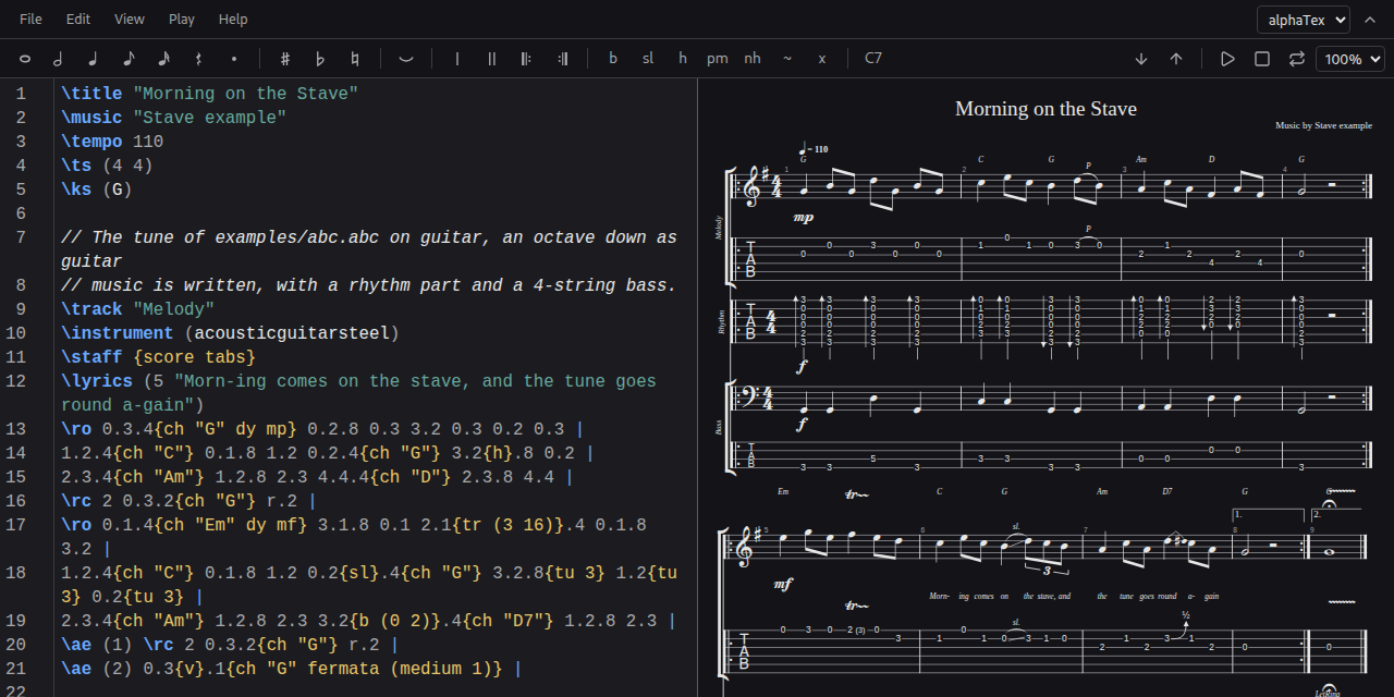 Stave com a mesma música em alphaTex, tema escuro. À esquerda, as tags title, tempo, ts e ks, a faixa Melody com instrumento, pauta e letra, e as notas no formato traste.corda.duração com efeitos entre chaves. À direita, partitura e tablatura de três faixas: melodia, guitarra base com acordes e um baixo de 4 cordas